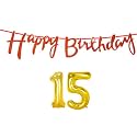 15th Happy Birthday Decoration Kit Orange for 15 Year Old Boys Girls with Number Fifteen Decorations Decor Celebration Items Item Set Combo Reusable Cursive Banner