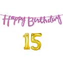 15th Happy Birthday Decoration Kit Dark Pink for 15 Year Old Boys Girls with Number Fifteen Decorations Decor Celebration Items Item Set Combo Reusable Cursive Banner