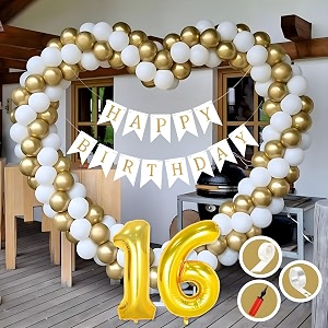 16th birthday decoration items for golden and white theme combination for boys girls  50 pcs gold white balloon  white birthday banner  balloon pump  arch tape  glue dots