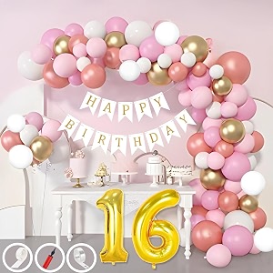 16th birthday decoration items for pink and white theme combination for girls 50 pcs pink white gold rose gold balloon white birthday banner balloon pump arch tape glue dots