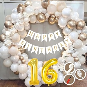16th birthday decoration items for white and gold theme combination for boys girls  50 pc golden white orange balloon  white birthday banner  balloon pump  arch tape  glue dots