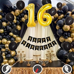 16th birthday decoration items for black and gold theme combination for boys girls  50 pcs black gold balloon  black birthday banner  balloon pump  arch tape  glue dots