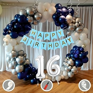 16th birthday decoration items for blue and white theme combination for boys girls  50 pcs blue white silver balloon  blue birthday banner  balloon pump  arch tape  glue dots