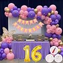 16th Birthday Decoration Items for Pink and Purple Theme Combination for Girls Princes | 50 Pcs Pink Purple Gold Balloon | Pink Birthday Banner | Balloon Pump | Arch Tape | Glue Dots