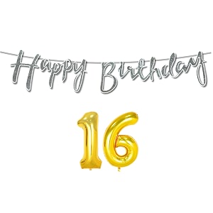 16th happy birthday decoration kit silver for 16 year old boys girls with number sixteen decorations decor celebration items item set combo reusable cursive banner