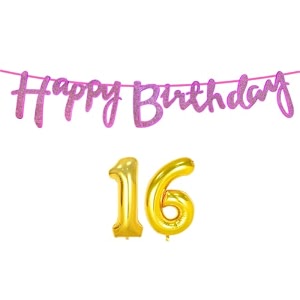 16th happy birthday decoration kit dark pink for 16 year old boys girls with number sixteen decorations decor celebration items item set combo reusable cursive banner