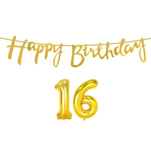 16th happy birthday decoration kit golden for 16 year old boys girls with number sixteen decorations decor celebration items item set combo reusable cursive banner