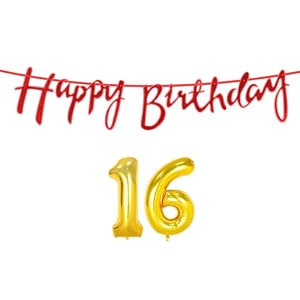 16th happy birthday decoration kit red for 16 year old boys girls with number sixteen decorations decor celebration items item set combo reusable cursive banner