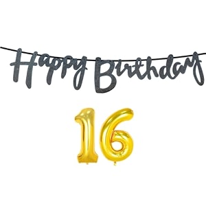 16th happy birthday decoration kit black for 16 year old boys girls with number sixteen decorations decor celebration items item set combo reusable cursive banner