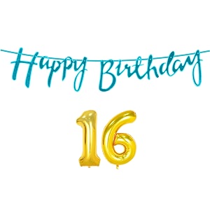 16th happy birthday decoration kit blue for 16 year old boys girls with number sixteen decorations decor celebration items item set combo reusable cursive banner