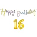 16th Happy Birthday Decoration Kit Multicolour for 16 Year Old Boys Girl Multicolor with Number Sixteen Decorations Decor Items Item Set Combo Reusable Cursive Banner