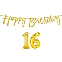 16th Happy Birthday Decoration Kit Golden for 16 Year Old Boys Girls with Number Sixteen Decorations Decor Celebration Items Item Set Combo Reusable Cursive Banner