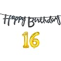 16th Happy Birthday Decoration Kit Black for 16 Year Old Boys Girls with Number Sixteen Decorations Decor Celebration Items Item Set Combo Reusable Cursive Banner
