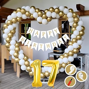 17th birthday decoration items for golden and white theme combination for boys girls  50 pcs gold white balloon  white birthday banner  balloon pump  arch tape  glue dots