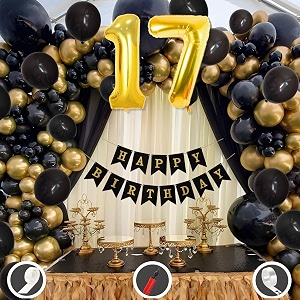 17th birthday decoration items for black and gold theme combination for boys girls  50 pcs black gold balloon  black birthday banner  balloon pump  arch tape  glue dots