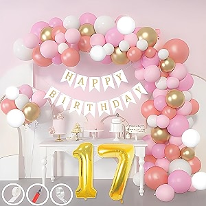 17th birthday decoration items for pink and white theme combination for girls 50 pcs pink white gold rose gold balloon white birthday banner balloon pump arch tape glue dots
