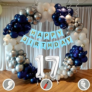 17th birthday decoration items for blue and white theme combination for boys girls  50 pcs blue white silver balloon  blue birthday banner  balloon pump  arch tape  glue dots