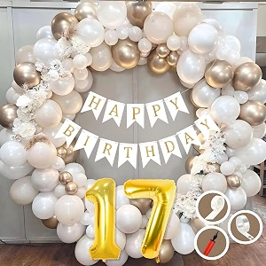 17th birthday decoration items for white and gold theme combination for boys girls  50 pc golden white orange balloon  white birthday banner  balloon pump  arch tape  glue dots