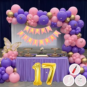 17th birthday decoration items for pink and purple theme combination for girls princes  50 pcs pink purple gold balloon  pink birthday banner  balloon pump  arch tape  glue dots