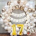 17th Birthday Decoration Items for White and Gold Theme Combination for Boys Girls | 50 Pc Golden White Orange Balloon | White Birthday Banner | Balloon Pump | Arch Tape | Glue Dots