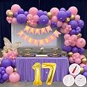 17th Birthday Decoration Items for Pink and Purple Theme Combination for Girls Princes | 50 Pcs Pink Purple Gold Balloon | Pink Birthday Banner | Balloon Pump | Arch Tape | Glue Dots