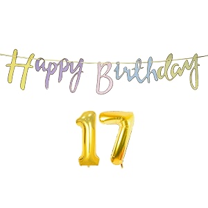 17th happy birthday decoration kit multicolour for 17 year old boys girls multicolor with number seventeen decorations decor items item set combo reusable cursive banner