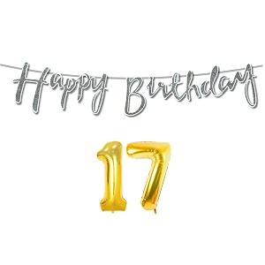 17th happy birthday decoration kit silver for 17 year old boys girls with number seventeen decorations decor celebration items item set combo reusable cursive banner