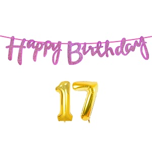 17th happy birthday decoration kit dark pink for 17 year old boys girls with number seventeen decorations decor celebration items item set combo reusable cursive banner