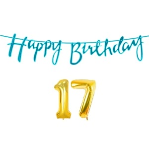17th happy birthday decoration kit blue for 17 year old boys girls with number seventeen decorations decor celebration items item set combo reusable cursive banner