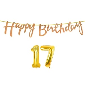 17th happy birthday decoration kit rose gold for 17 year old boys girls with number seventeen decorations decor celebration items item set combo reusable cursive banner