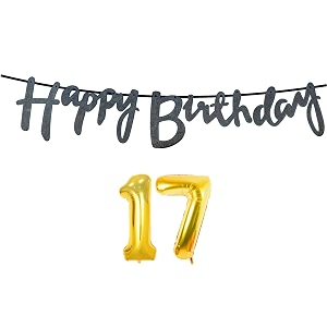 17th happy birthday decoration kit black for 17 year old boys girls with number seventeen decorations decor celebration items item set combo reusable cursive banner