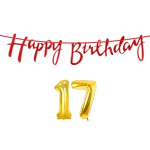 17th happy birthday decoration kit red for 17 year old boys girls with number seventeen decorations decor celebration items item set combo reusable cursive banner