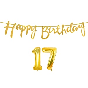 17th happy birthday decoration kit golden for 17 year old boys girls with number seventeen decorations decor celebration items item set combo reusable cursive banner