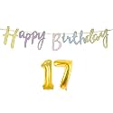 17th Happy Birthday Decoration Kit Multicolour for 17 Year Old Boys Girls Multicolor with Number Seventeen Decorations Decor Items Item Set Combo Reusable Cursive Banner