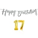 17th Happy Birthday Decoration Kit Silver for 17 Year Old Boys Girls with Number Seventeen Decorations Decor Celebration Items Item Set Combo Reusable Cursive Banner