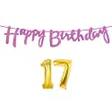 17th Happy Birthday Decoration Kit Dark Pink for 17 Year Old Boys Girls with Number Seventeen Decorations Decor Celebration Items Item Set Combo Reusable Cursive Banner