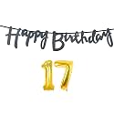 17th Happy Birthday Decoration Kit Black for 17 Year Old Boys Girls with Number Seventeen Decorations Decor Celebration Items Item Set Combo Reusable Cursive Banner