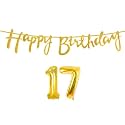 17th Happy Birthday Decoration Kit Golden for 17 Year Old Boys Girls with Number Seventeen Decorations Decor Celebration Items Item Set Combo Reusable Cursive Banner