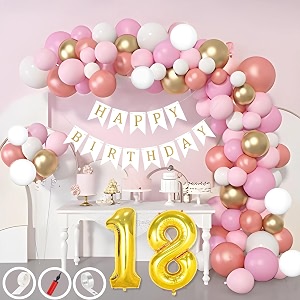 18th birthday decoration items for pink and white theme combination for girls 50 pcs pink white gold rose gold balloon white birthday banner balloon pump arch tape glue dots