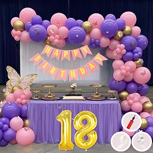 18th birthday decoration items for pink and purple theme combination for girls princes  50 pcs pink purple gold balloon  pink birthday banner  balloon pump  arch tape  glue dots