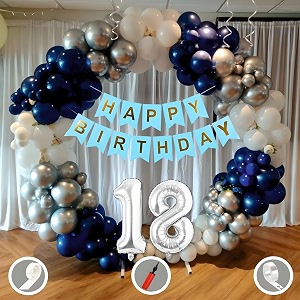 18th birthday decoration items for blue and white theme combination for boys girls  50 pcs blue white silver balloon  blue birthday banner  balloon pump  arch tape  glue dots