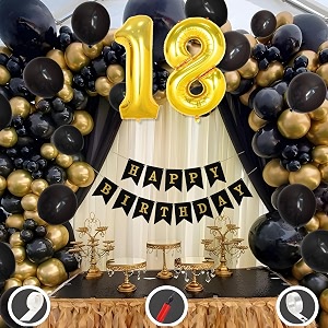 18th birthday decoration items for black and gold theme combination for boys girls  50 pcs black gold balloon  black birthday banner  balloon pump  arch tape  glue dots