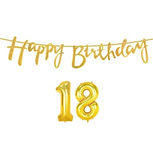 18th happy birthday decoration kit golden for 18 year old boys girls with number eighteen decorations decor celebration items item set combo reusable cursive banner
