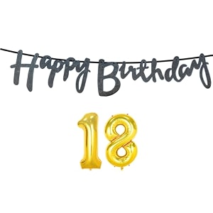 18th happy birthday decoration kit black for 18 year old boys girls with number eighteen decorations decor celebration items item set combo reusable cursive banner