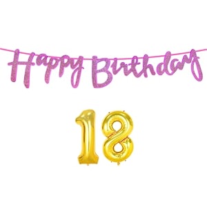 18th happy birthday decoration kit dark pink for 18 year old boys girls with number eighteen decorations decor celebration items item set combo reusable cursive banner