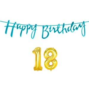18th happy birthday decoration kit blue for 18 year old boys girls with number eighteen decorations decor celebration items item set combo reusable cursive banner