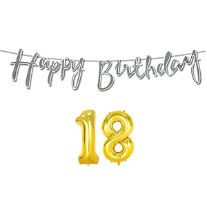 18th happy birthday decoration kit silver for 18 year old boys girls with number eighteen decorations decor celebration items item set combo reusable cursive banner