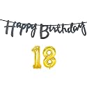 18th Happy Birthday Decoration Kit Black for 18 Year Old Boys Girls with Number Eighteen Decorations Decor Celebration Items Item Set Combo Reusable Cursive Banner