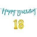 18th Happy Birthday Decoration Kit Blue for 18 Year Old Boys Girls with Number Eighteen Decorations Decor Celebration Items Item Set Combo Reusable Cursive Banner