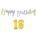 18th Happy Birthday Decoration Kit Multicolour for 18 Year Old Boy Girl Multicolor with Number Eighteen Decorations Decor Items Item Set Combo Reusable Cursive Banner